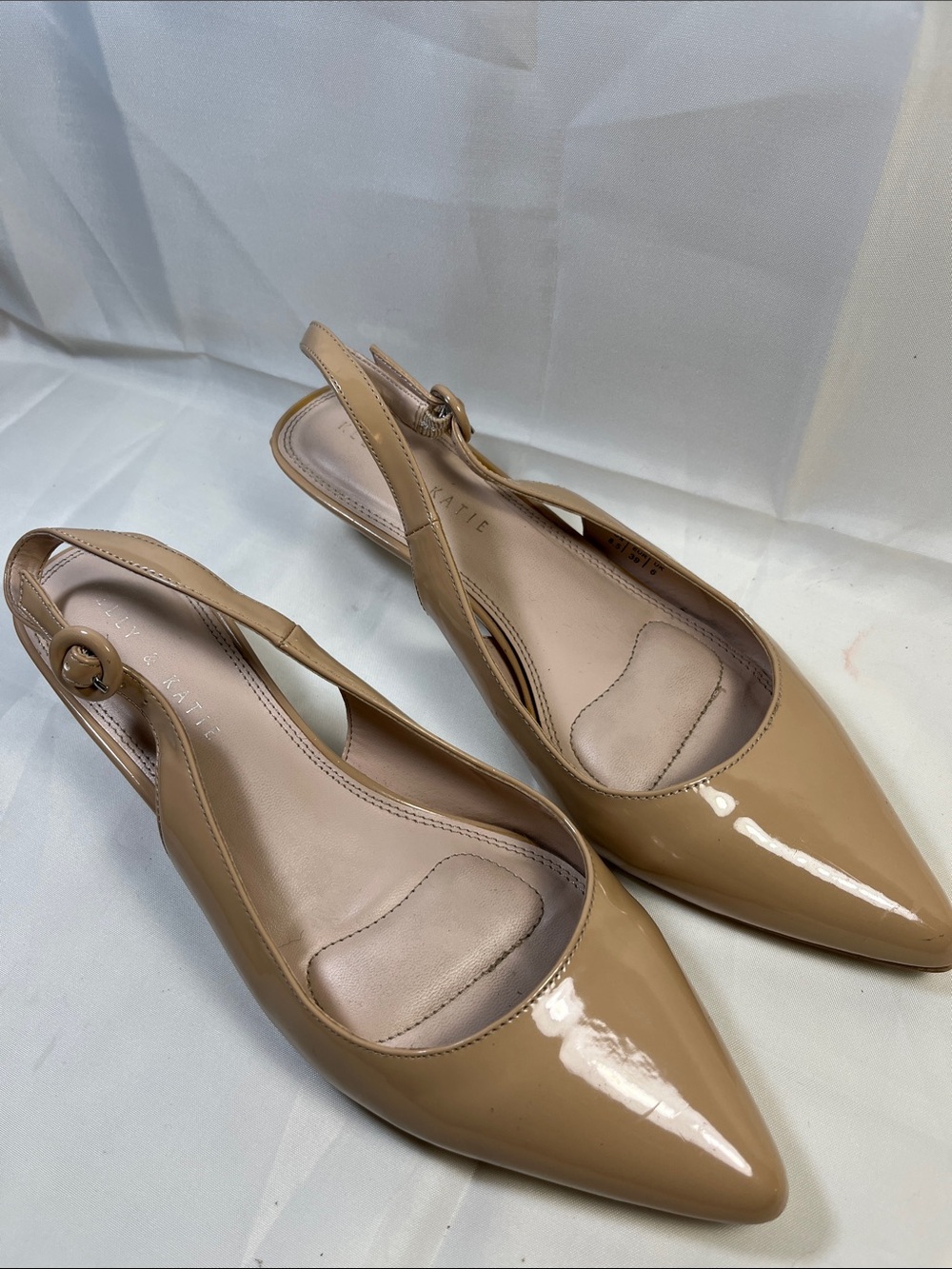 Kelly & Katie Beige Patent Pointed-Toe Slingback Mules
